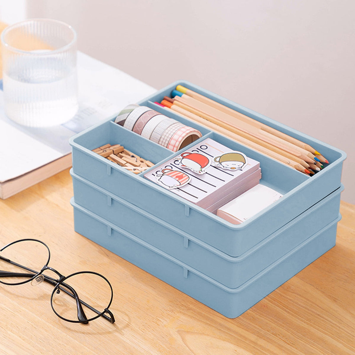 Four-Compartment Stackable Vanity Tray, Blue Plastic Drawer Divider for Makeup and Small Items - Image 6