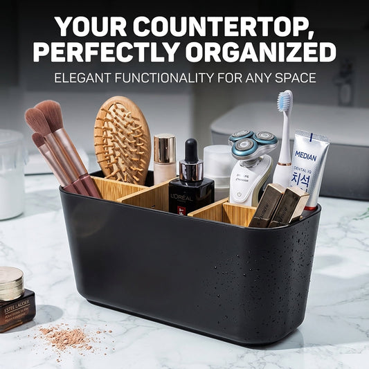 Five-Slot Toothbrush Holder with Removable Bamboo Dividers, Black Bathroom Countertop Organizer - Image 2