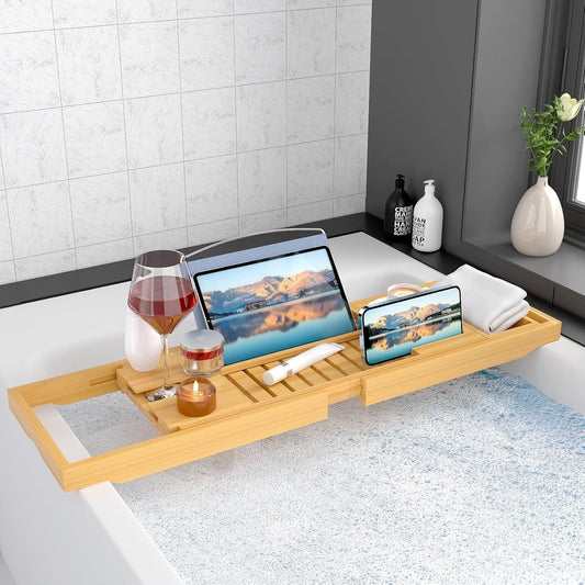 Expandable Bamboo Bathtub Caddy Tray with Book Stand and Glass Holder - Image 2