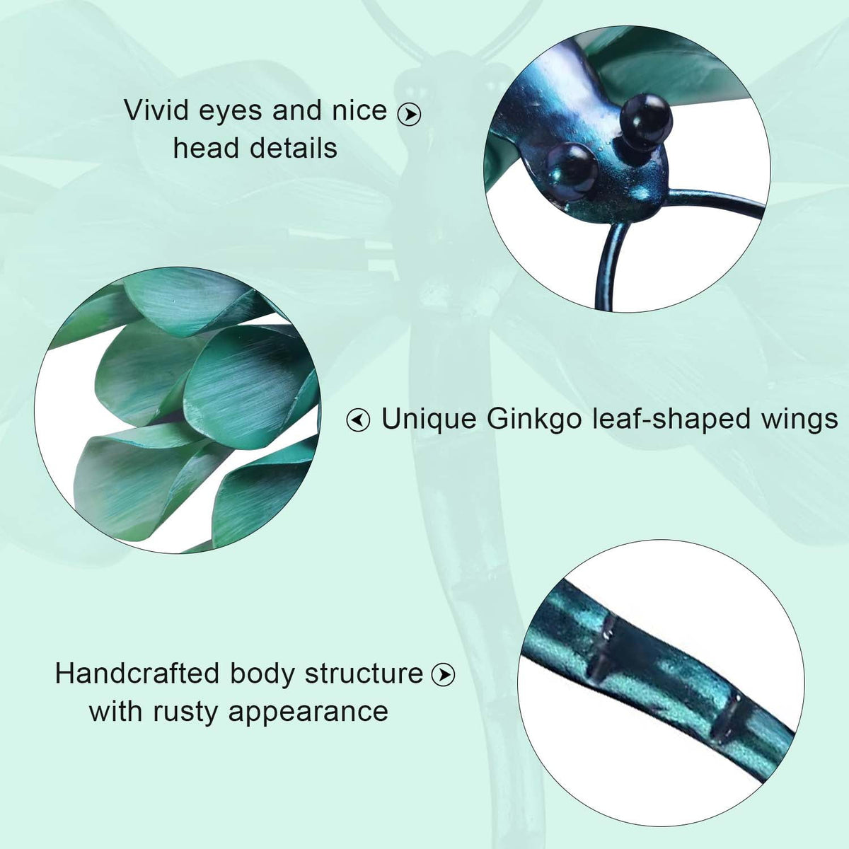 Metal Dragonfly Wall Art with Green Leaf-Shaped Wings, 14 Inch Hand-Painted Indoor Outdoor Decor - Image 6