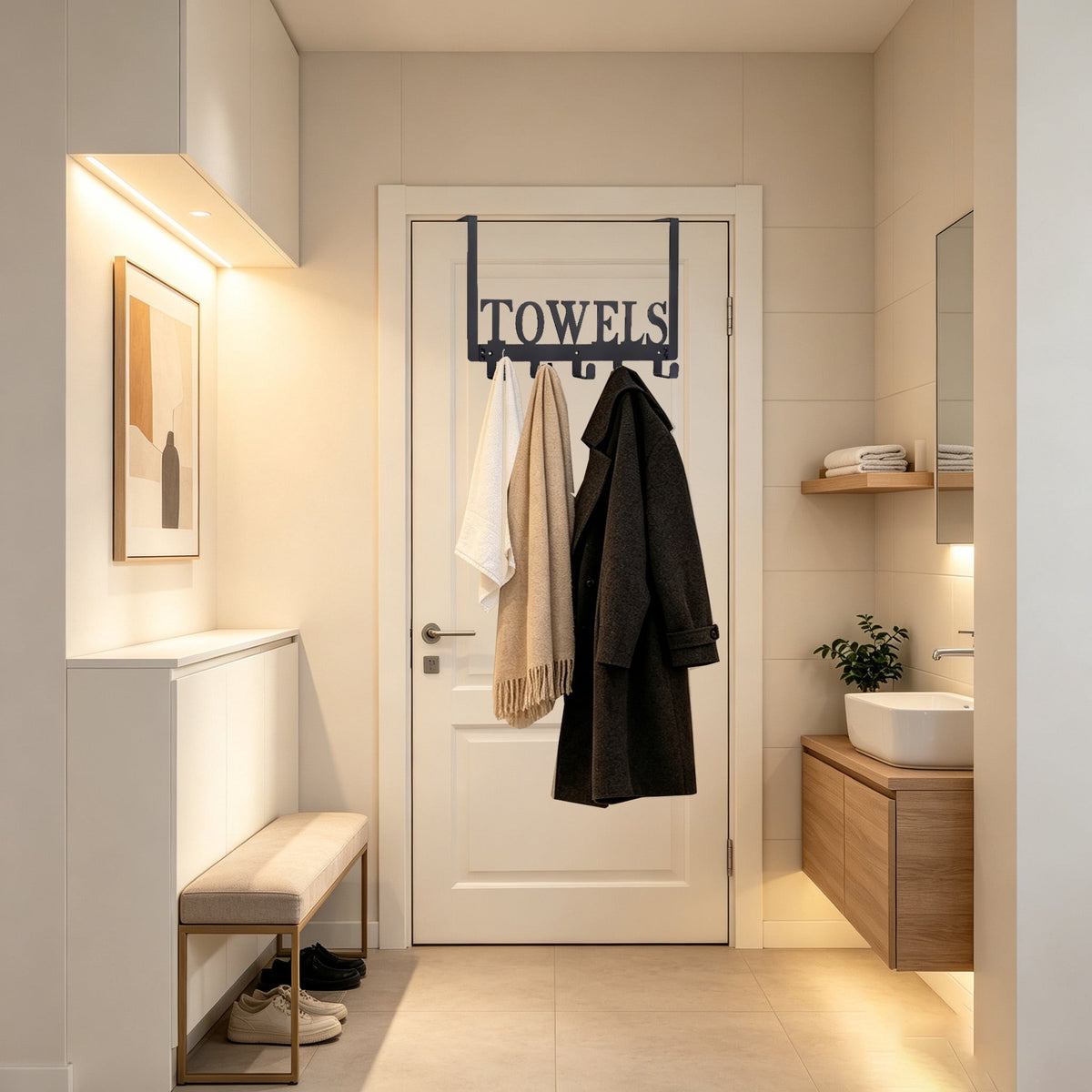 Over-the-Door Towel Rack with Five Curved Hooks, Matte Black Metal, No-Drill Hanging - Image 5