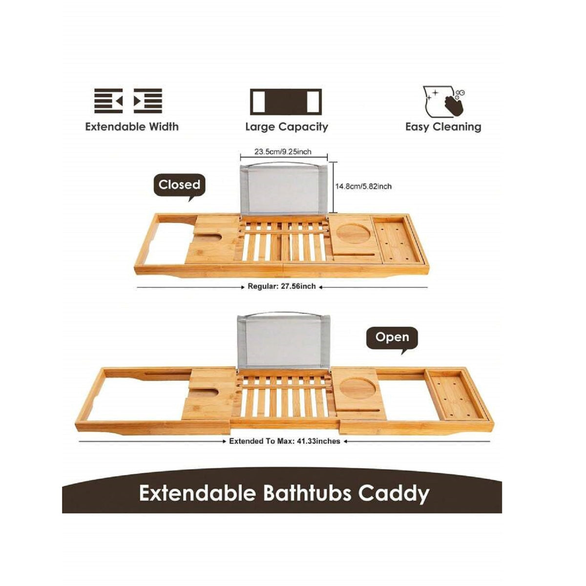 Expandable Bamboo Bathtub Caddy Tray with Book Stand and Glass Holder - Image 4
