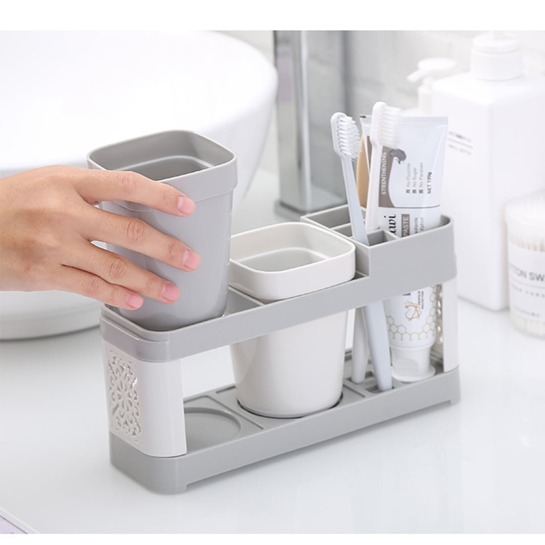 Toothbrush and Toothpaste Stand with Two Rinse Cups, White Plastic Countertop Organizer - Image 2