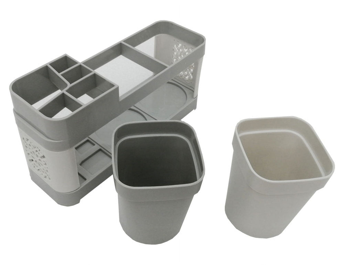 Toothbrush and Toothpaste Stand with Two Rinse Cups, White Plastic Countertop Organizer