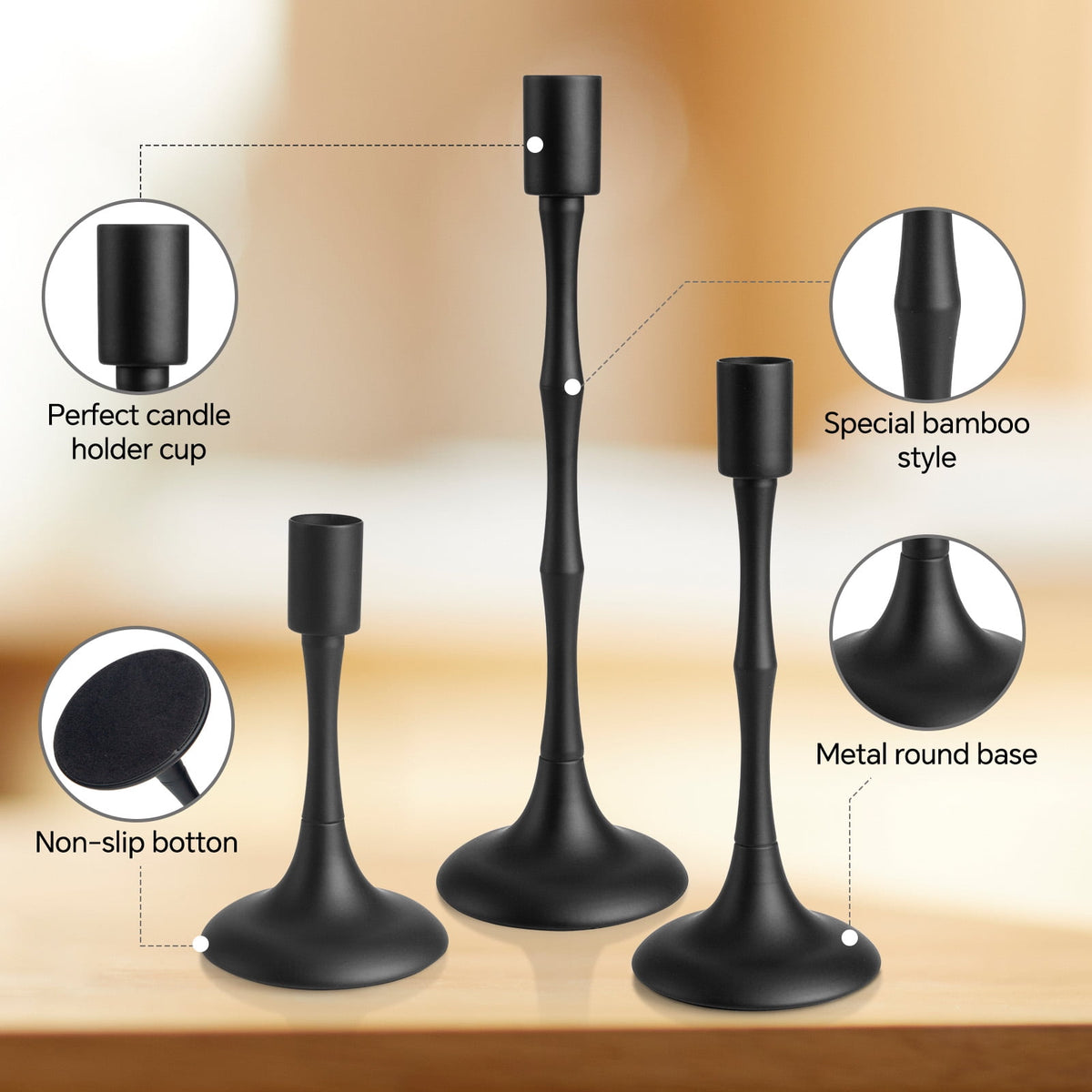 Black Metal Taper Candle Holders with Bamboo-Style Stems, Non-Slip Base, Set of 3 Heights - Image 4
