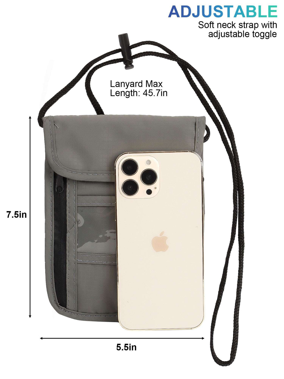 RFID-Blocking Travel Neck Wallet, Water-Resistant Passport Pouch with Adjustable Strap, Black - Image 3