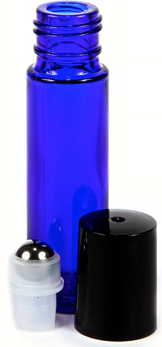 Cobalt Blue Glass Roll-On Bottles, 10 ml with Stainless Steel Roller Balls and Dropper, Set of 6