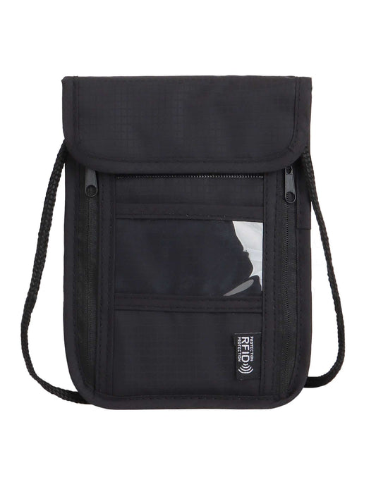 RFID-Blocking Travel Neck Wallet, Water-Resistant Passport Pouch with Adjustable Strap, Black