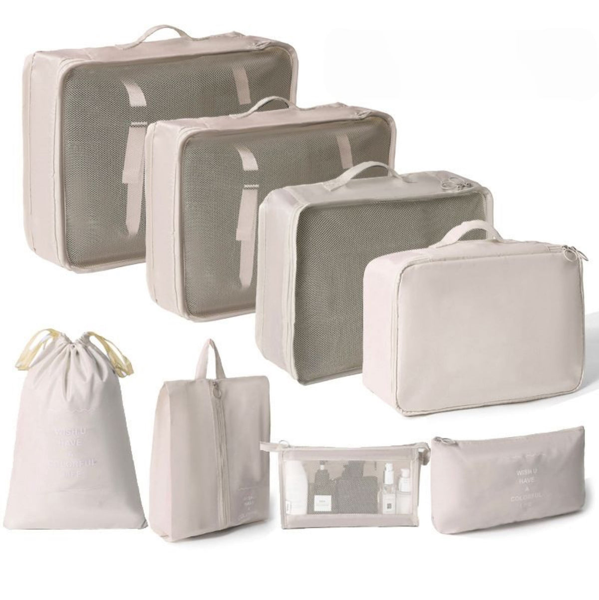 Packing Cube Set of 8 with Shoe and Toiletry Bags, Beige Suitcase Organizers for Travel