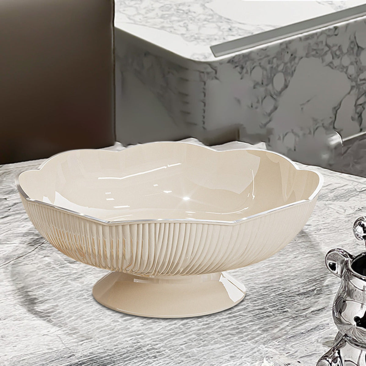 White Pedestal Fruit Bowl with Detachable Draining Base, Modern Plastic Serving Dish for Counter and Table - Image 6