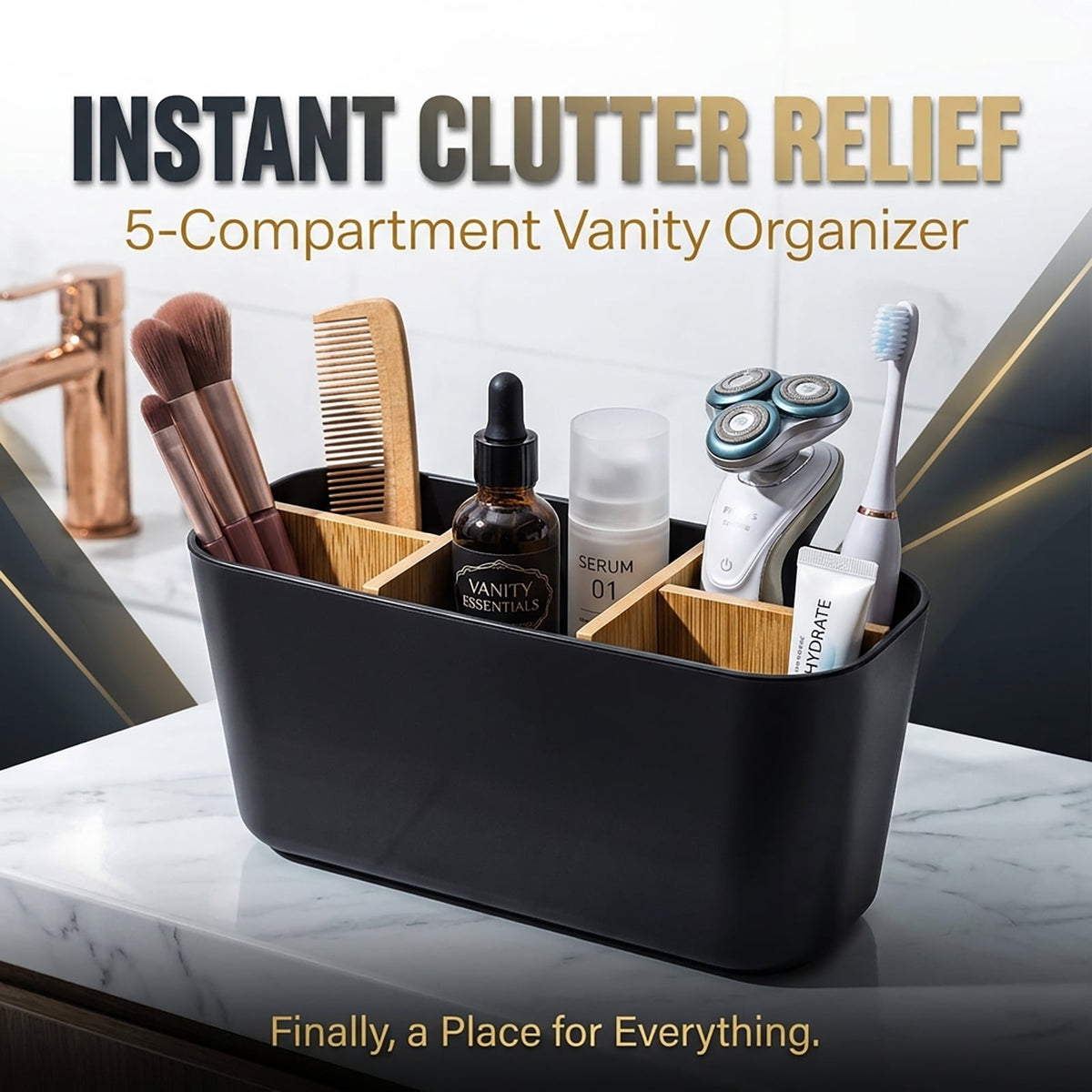 Five-Slot Toothbrush Holder with Removable Bamboo Dividers, Black Bathroom Countertop Organizer - Image 6