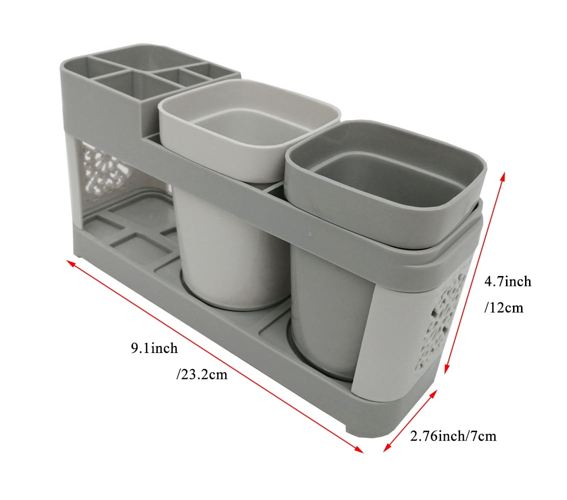 Toothbrush and Toothpaste Stand with Two Rinse Cups, White Plastic Countertop Organizer - Image 3