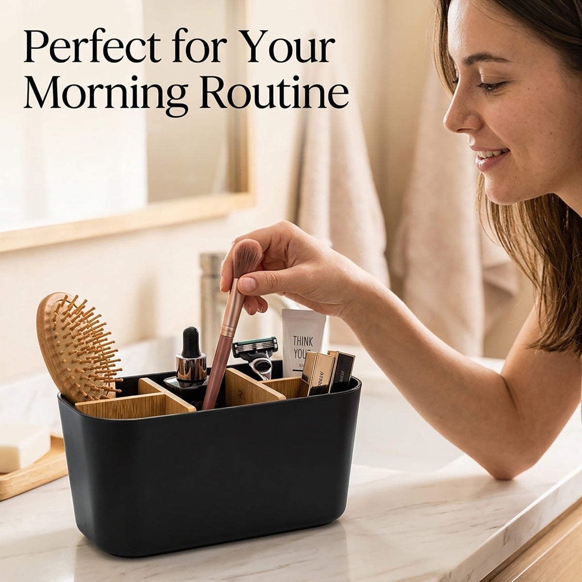 Five-Slot Toothbrush Holder with Removable Bamboo Dividers, Black Bathroom Countertop Organizer - Image 4