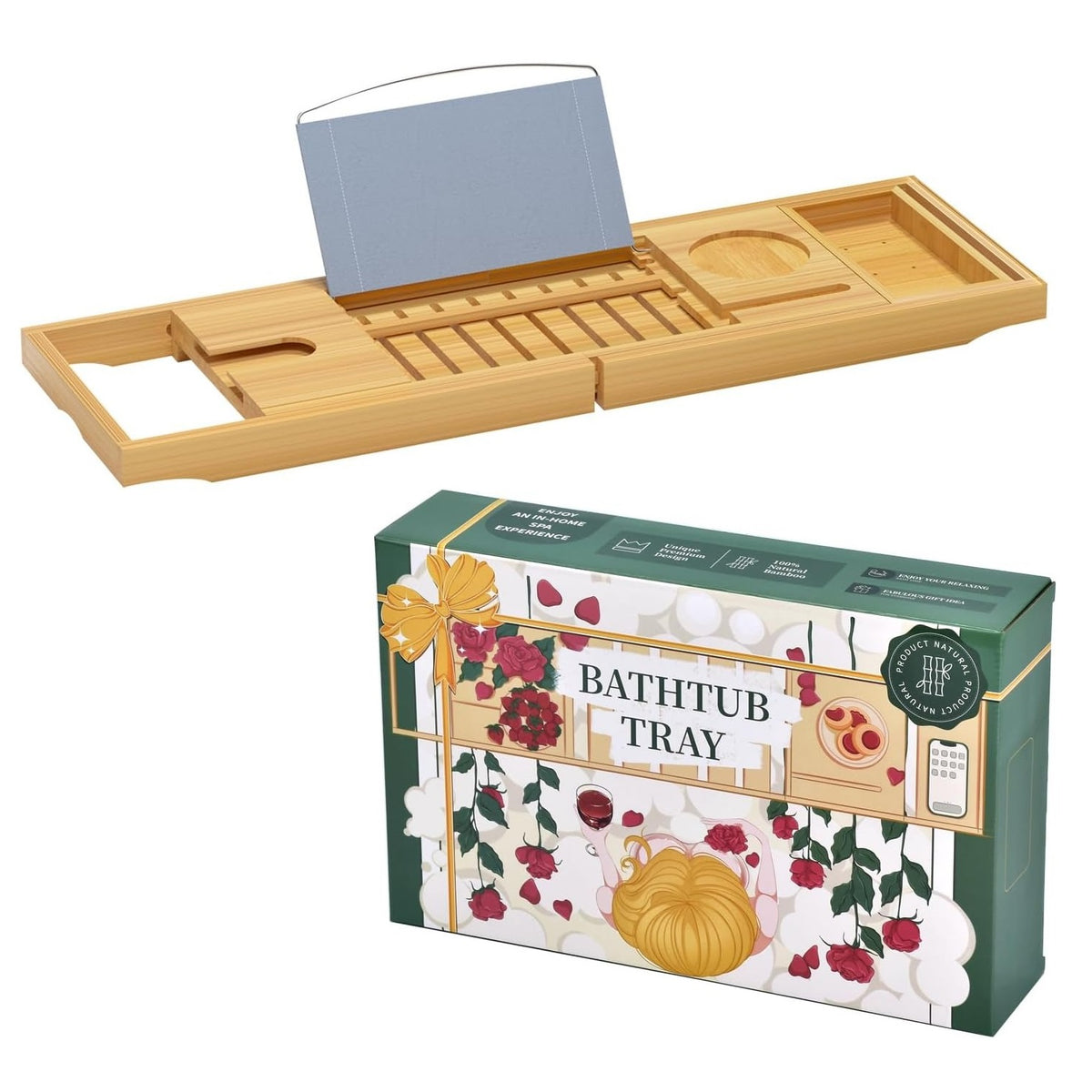 Expandable Bamboo Bathtub Caddy Tray with Book Stand and Glass Holder - Image 6