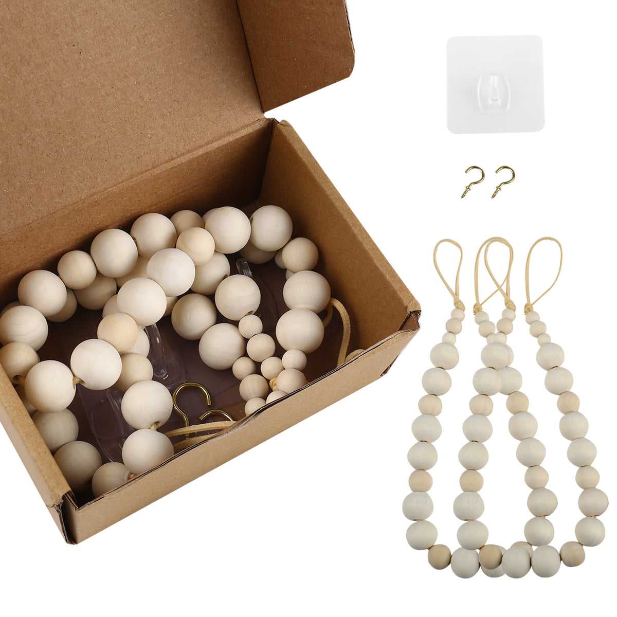 Natural Wood Bead Curtain Tiebacks with Leather Cord and Brass Hooks, 22 Inch, Set of 2 - Image 5