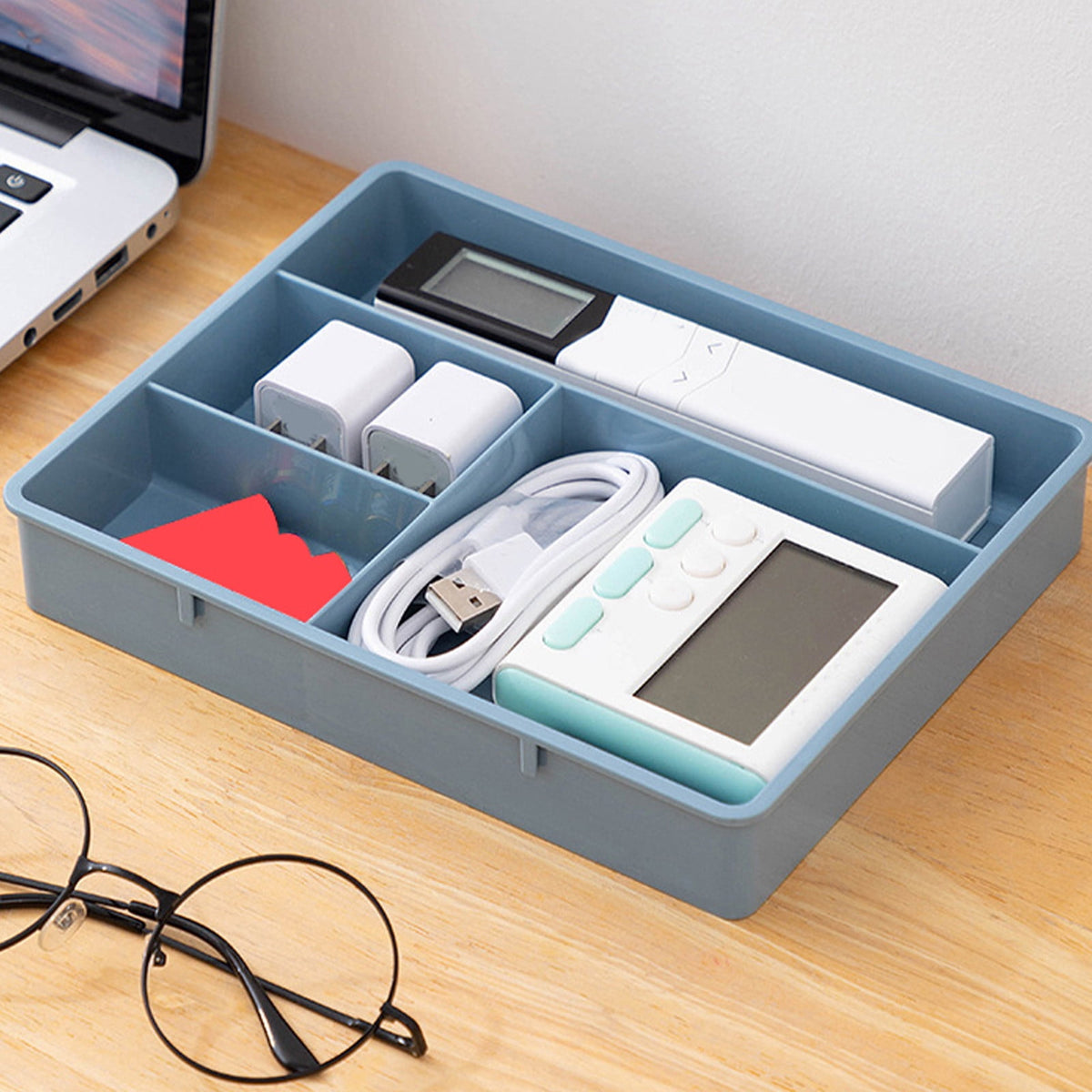 Four-Compartment Stackable Vanity Tray, Blue Plastic Drawer Divider for Makeup and Small Items - Image 5