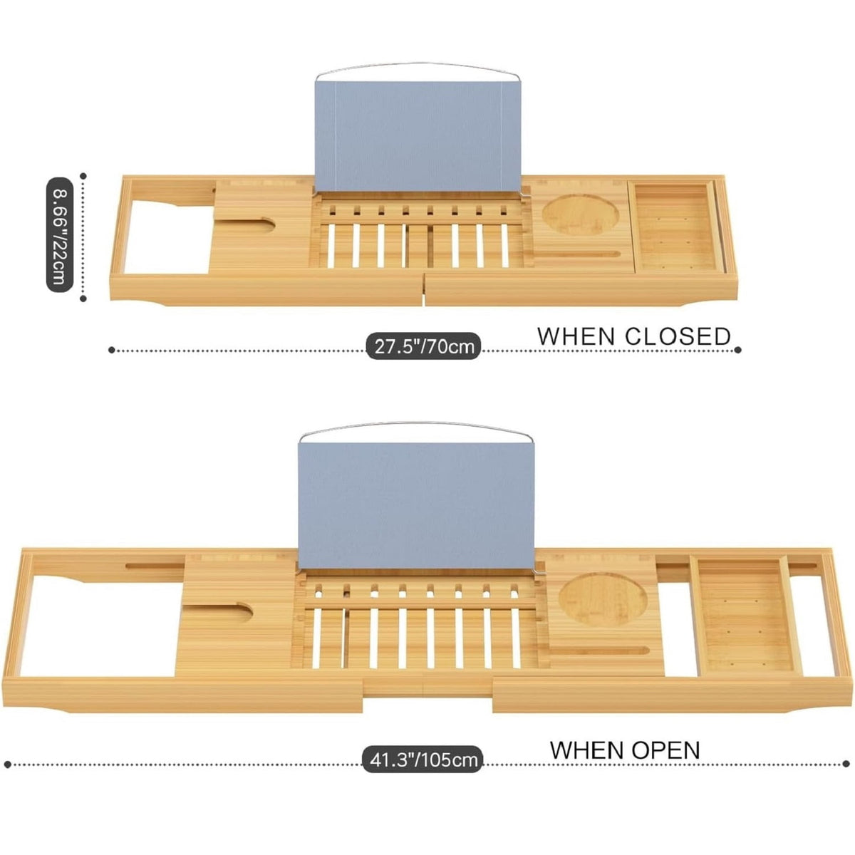 Expandable Bamboo Bathtub Caddy Tray with Book Stand and Glass Holder - Image 3