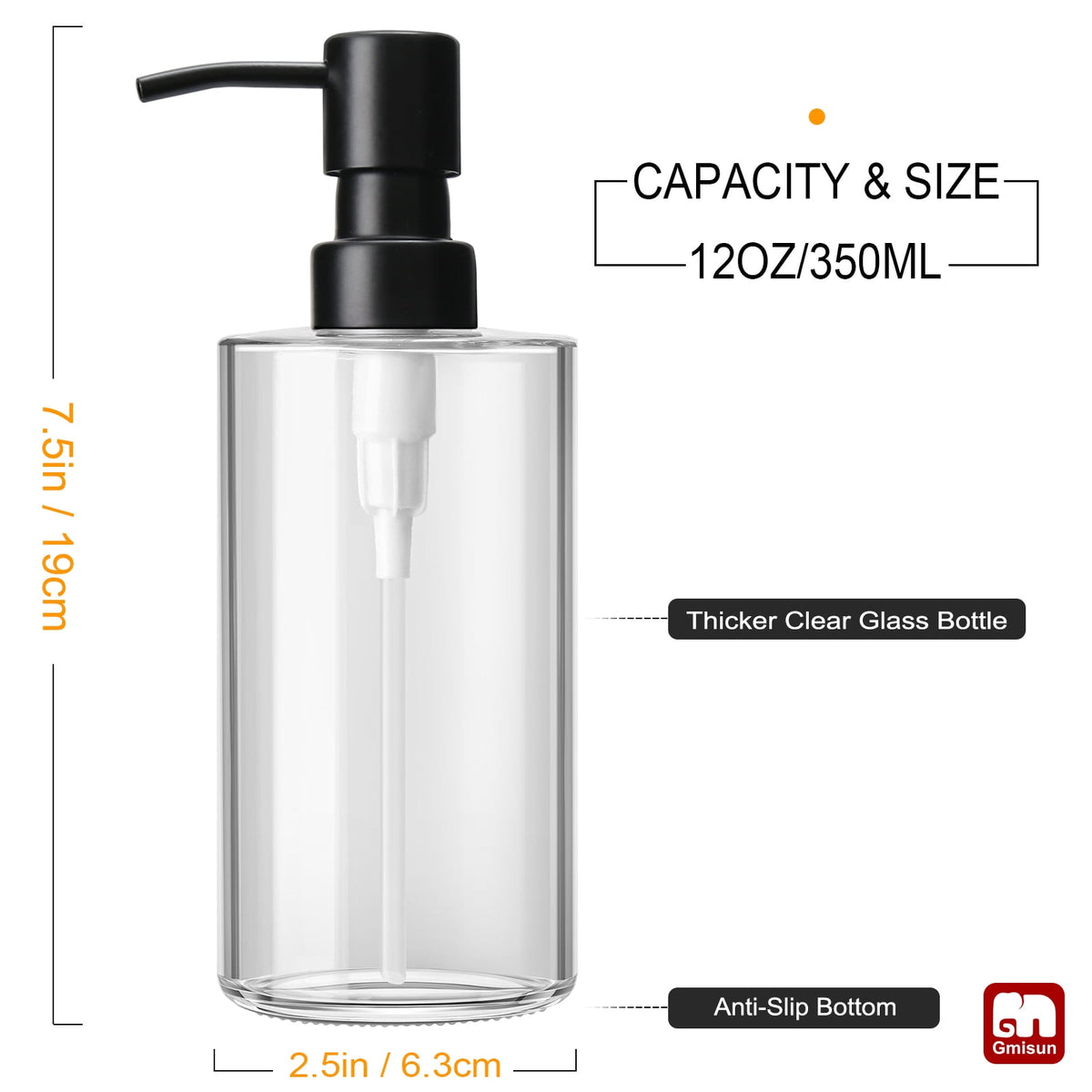 Clear Glass Soap Dispenser with Matte Black Stainless Steel Pump, 12 oz Refillable Bottle - Image 3
