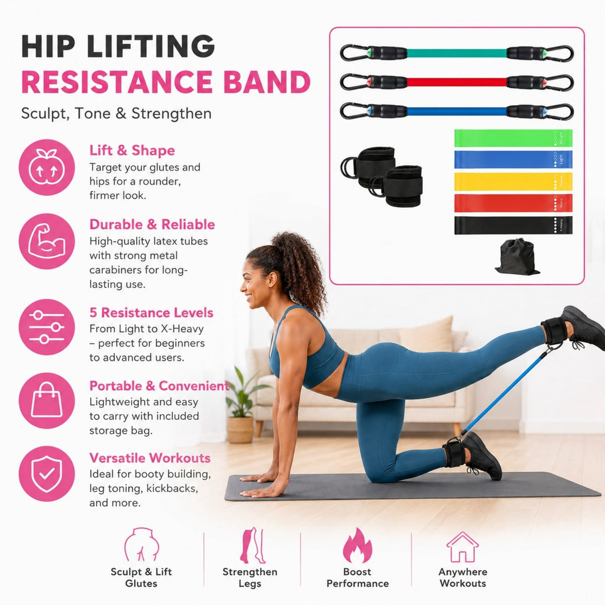 Resistance Band Set with Ankle Straps, Three Tube Bands and Five Loop Bands for Home Workouts - Image 6