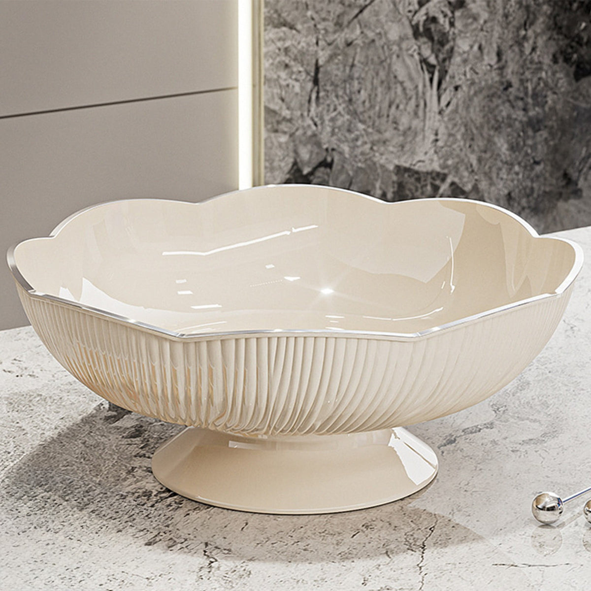 White Pedestal Fruit Bowl with Detachable Draining Base, Modern Plastic Serving Dish for Counter and Table - Image 2