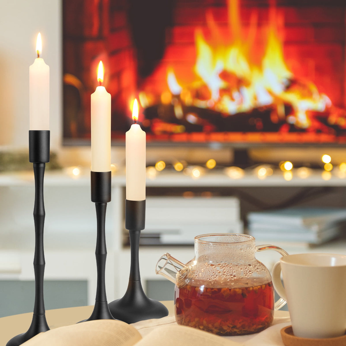 Black Metal Taper Candle Holders with Bamboo-Style Stems, Non-Slip Base, Set of 3 Heights - Image 6