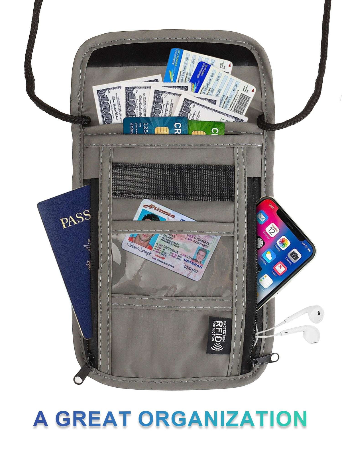 RFID-Blocking Travel Neck Wallet, Water-Resistant Passport Pouch with Adjustable Strap, Black - Image 5