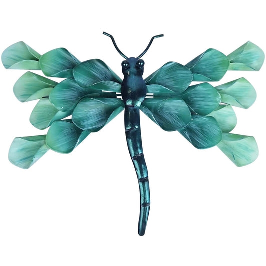 Metal Dragonfly Wall Art with Green Leaf-Shaped Wings, 14 Inch Hand-Painted Indoor Outdoor Decor