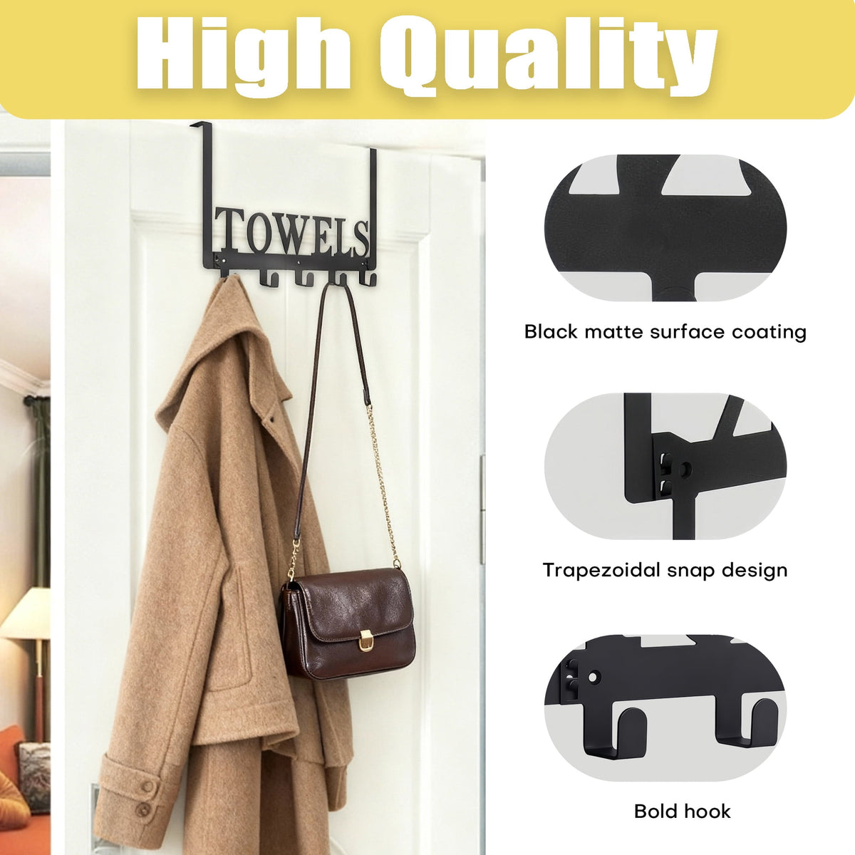 Over-the-Door Towel Rack with Five Curved Hooks, Matte Black Metal, No-Drill Hanging - Image 4