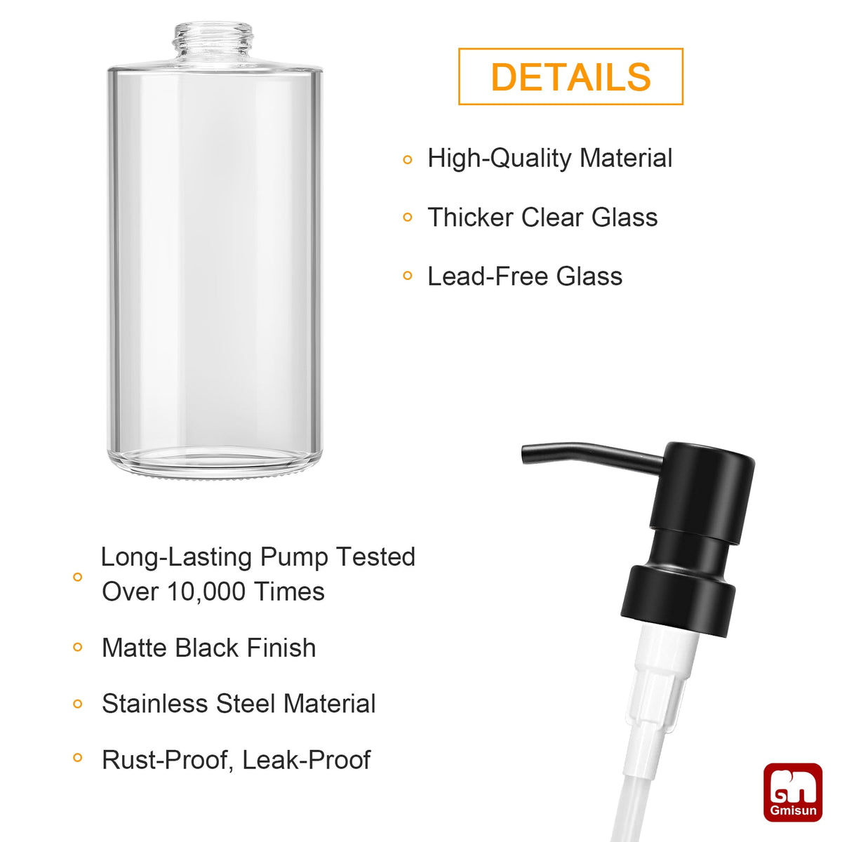 Clear Glass Soap Dispenser with Matte Black Stainless Steel Pump, 12 oz Refillable Bottle - Image 2
