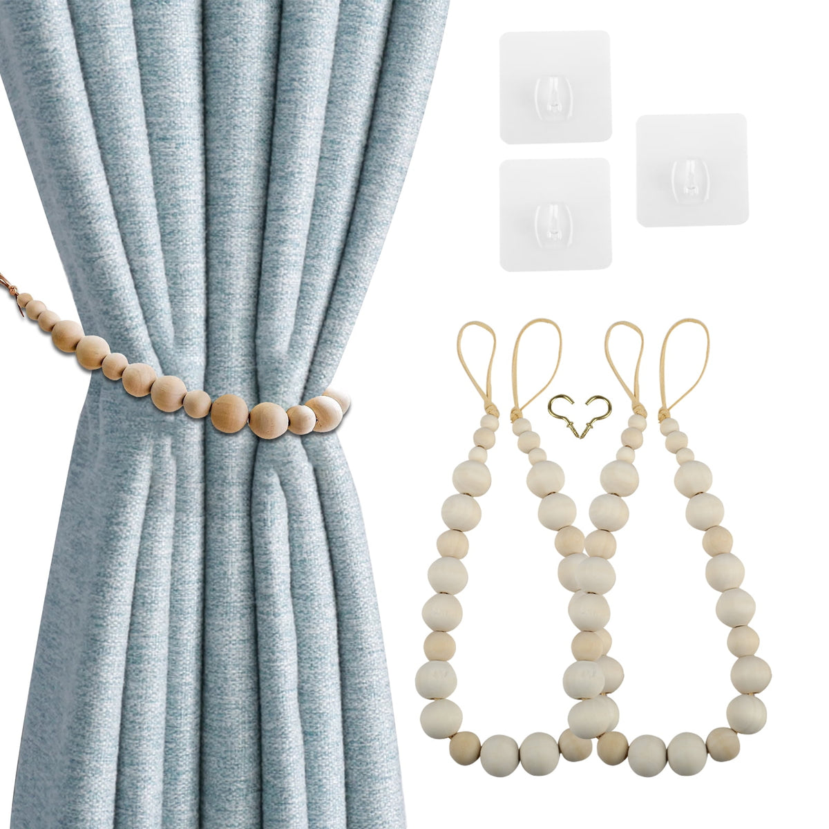 Natural Wood Bead Curtain Tiebacks with Leather Cord and Brass Hooks, 22 Inch, Set of 2 - Image 6