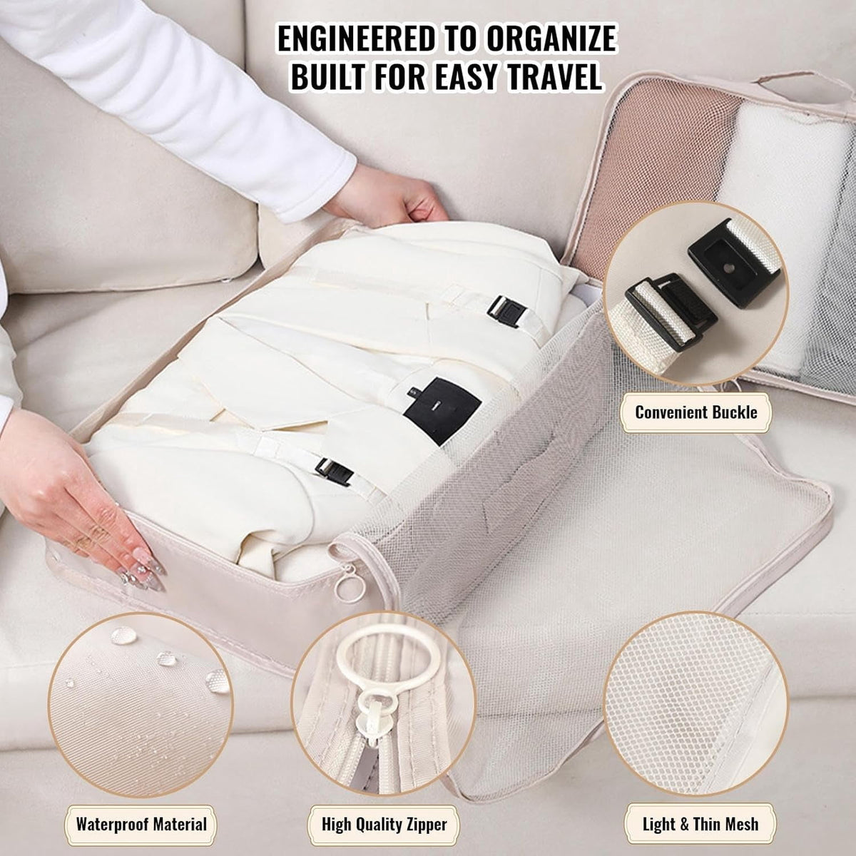 Packing Cube Set of 8 with Shoe and Toiletry Bags, Beige Suitcase Organizers for Travel - Image 4