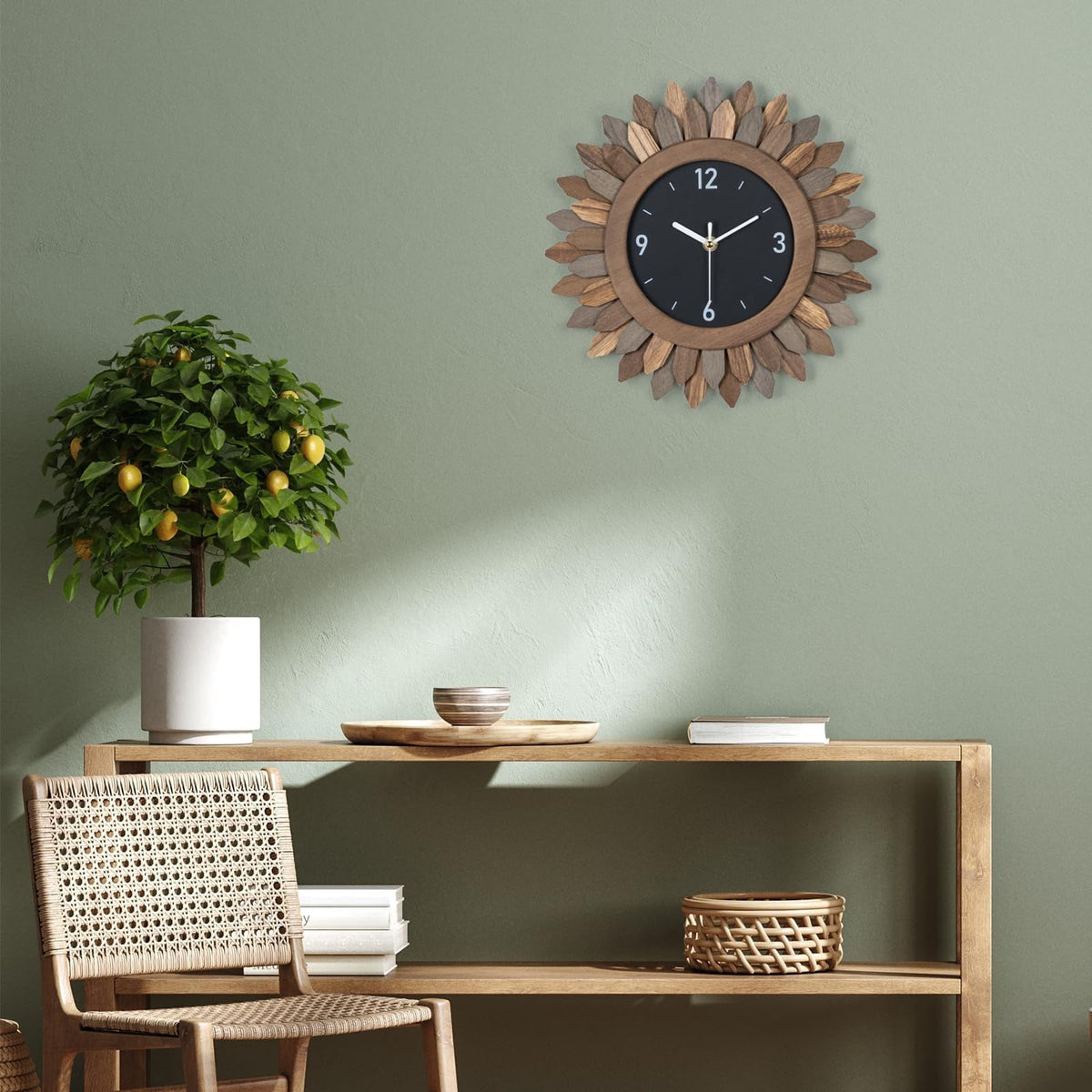 Rustic Wood Sunburst Wall Clock, 12 Inch Silent Non-Ticking Boho Clock for Living Room or Kitchen - Image 3