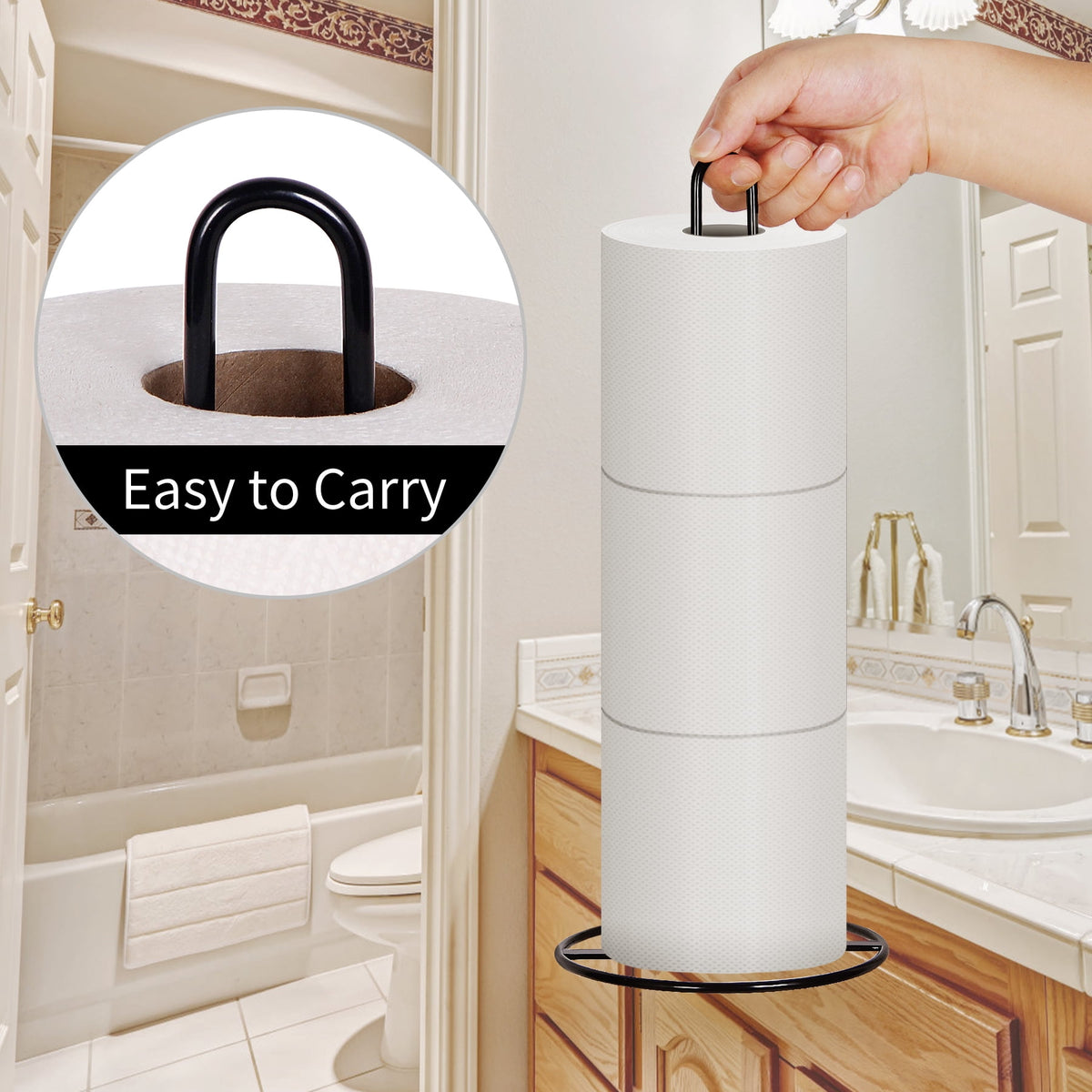 Freestanding Black Toilet Paper Holder Stand with Storage for Three Spare Rolls - Image 2