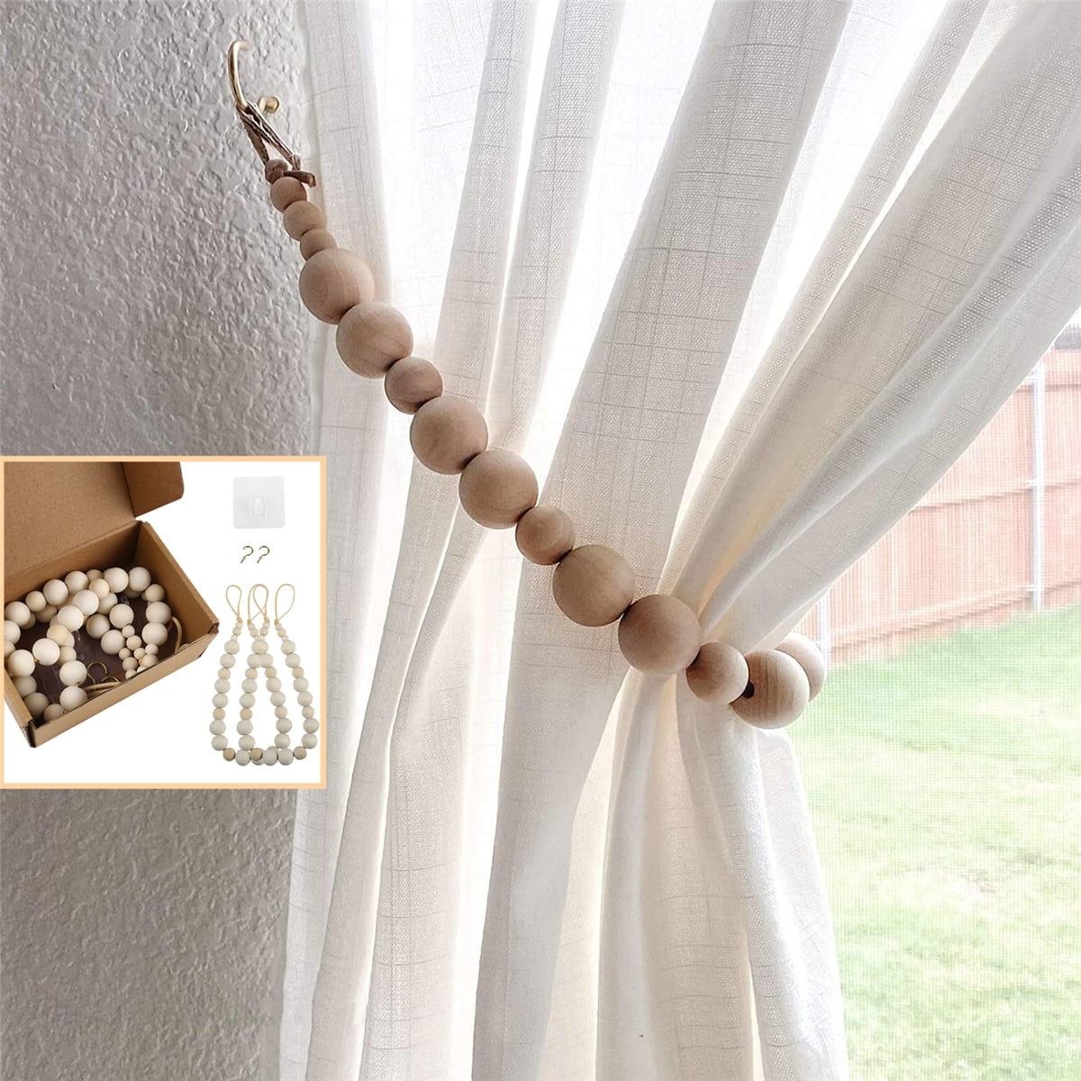 Natural Wood Bead Curtain Tiebacks with Leather Cord and Brass Hooks, 22 Inch, Set of 2 - Image 2