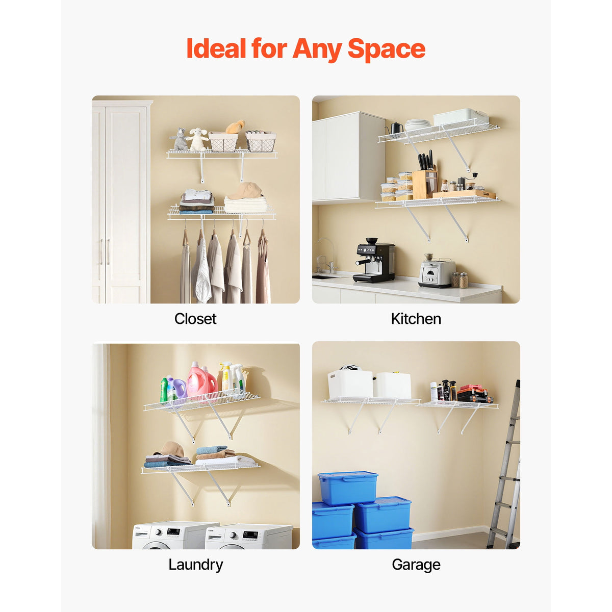 Wall-Mounted Wire Shelf Kit, 3 ft PVC-Coated Carbon Steel Closet Shelving, 12 Inch Deep, Set of 2 - Image 6