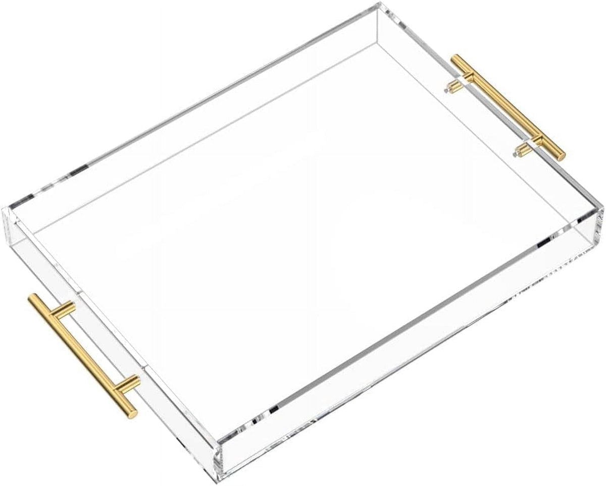 Clear Acrylic Serving Tray with Round Handles, 12 x 16 Inch Spill-Proof Vanity and Coffee Table Tray