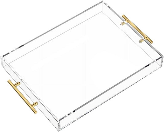 Clear Acrylic Serving Tray with Round Handles, 12 x 16 Inch Spill-Proof Vanity and Coffee Table Tray