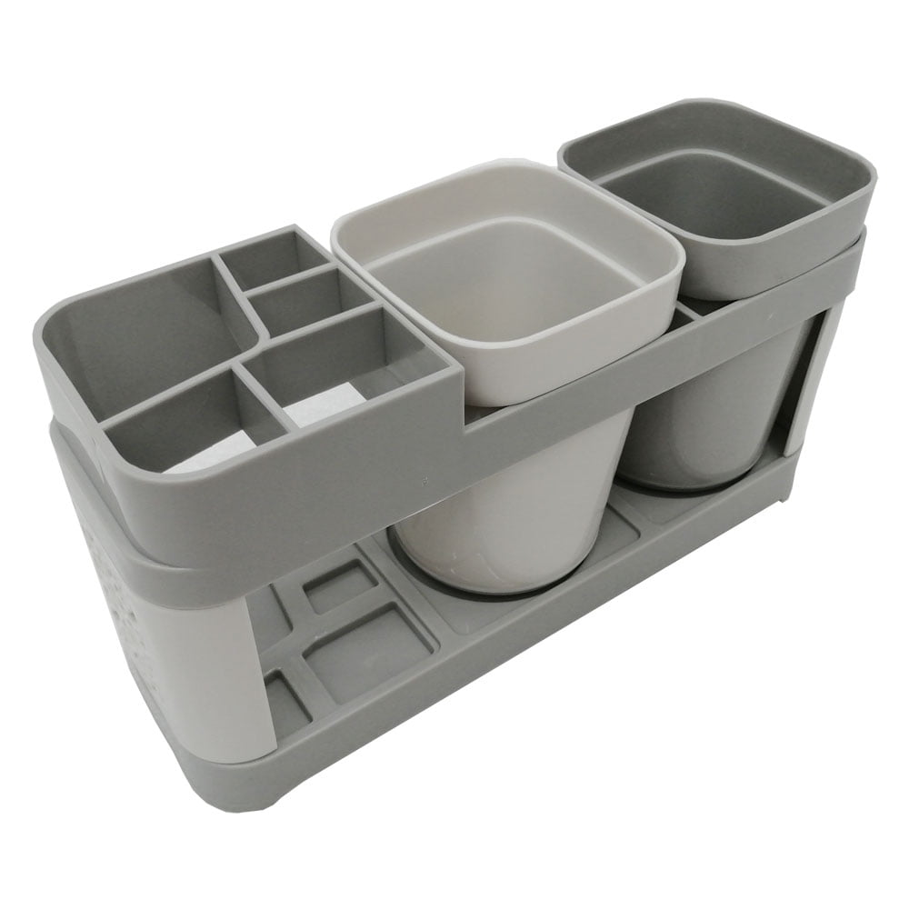 Toothbrush and Toothpaste Stand with Two Rinse Cups, White Plastic Countertop Organizer - Image 5