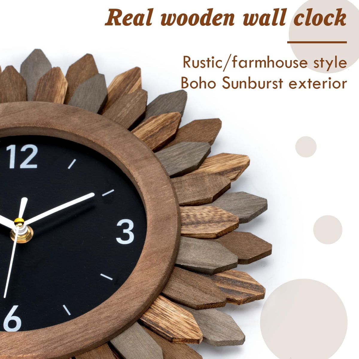 Rustic Wood Sunburst Wall Clock, 12 Inch Silent Non-Ticking Boho Clock for Living Room or Kitchen - Image 2