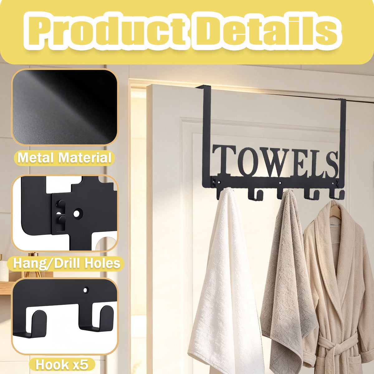 Over-the-Door Towel Rack with Five Curved Hooks, Matte Black Metal, No-Drill Hanging - Image 3