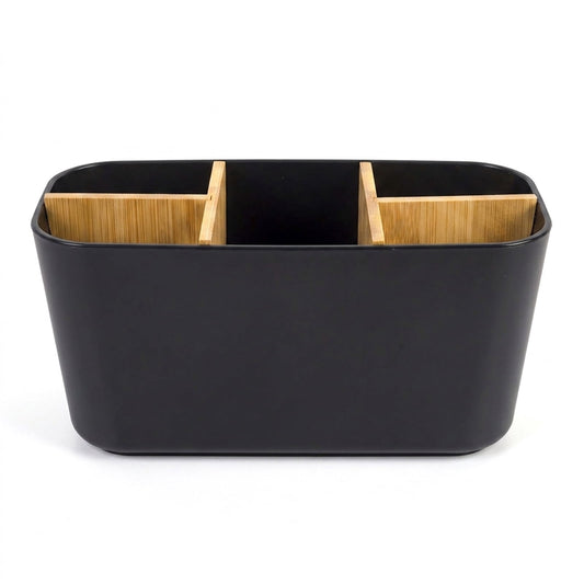 Five-Slot Toothbrush Holder with Removable Bamboo Dividers, Black Bathroom Countertop Organizer