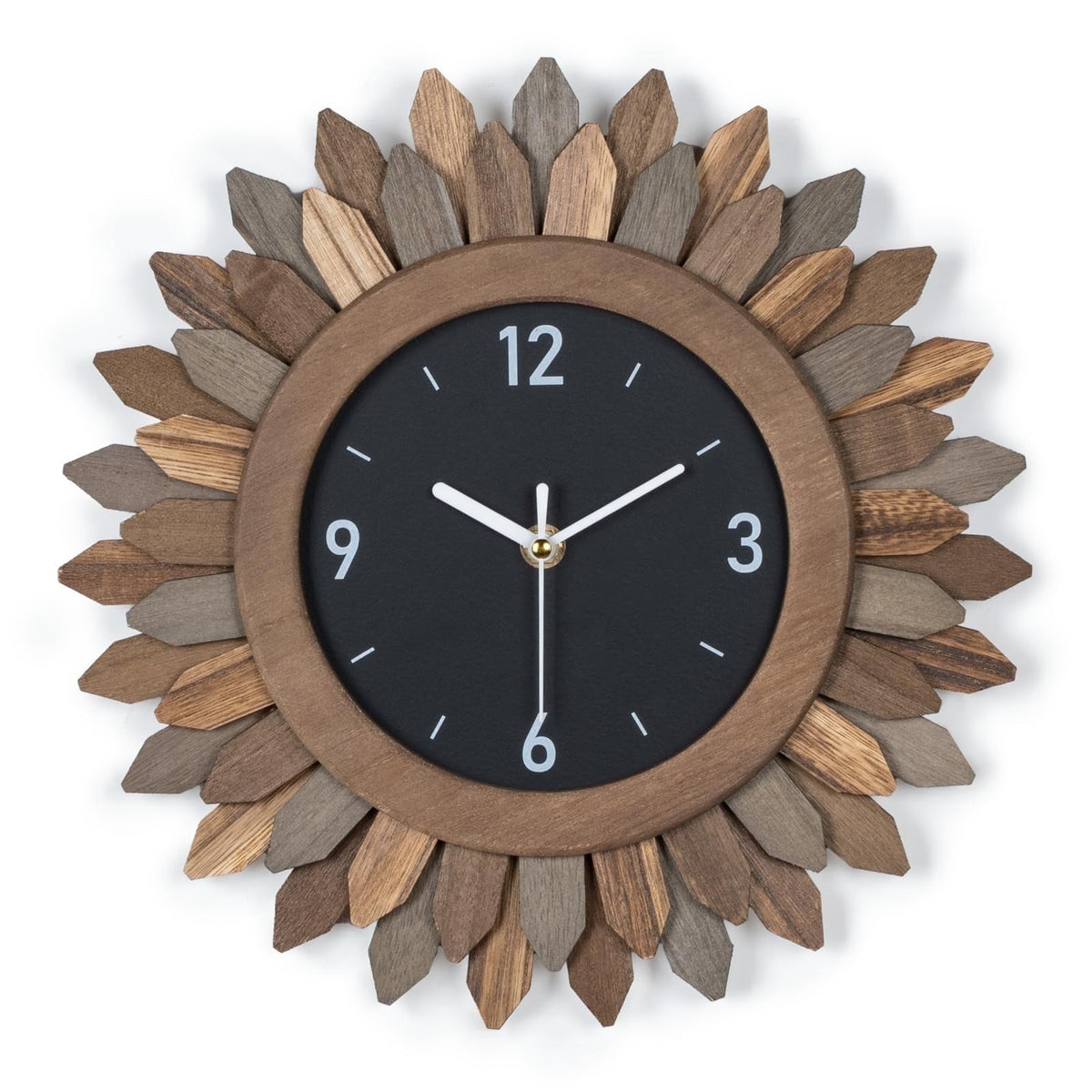Rustic Wood Sunburst Wall Clock, 12 Inch Silent Non-Ticking Boho Clock for Living Room or Kitchen