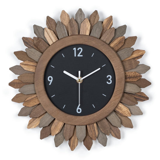 Rustic Wood Sunburst Wall Clock, 12 Inch Silent Non-Ticking Boho Clock for Living Room or Kitchen