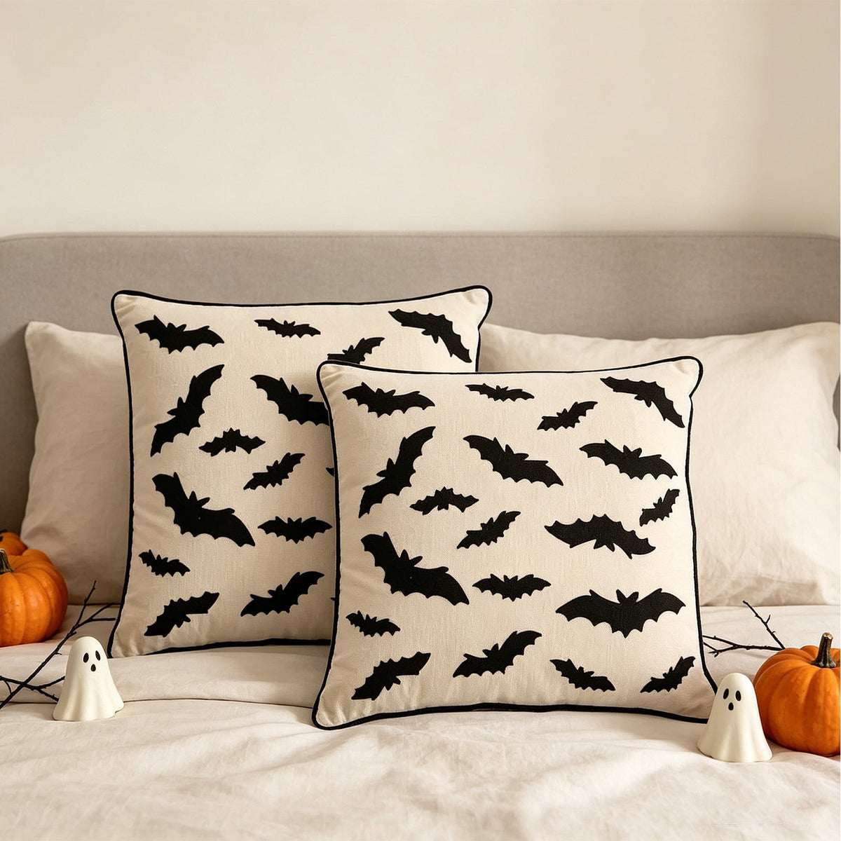 Embroidered Halloween Ghost Throw Pillow Cover, 18 x 18 Inch Linen Cushion Case with Hidden Zipper - Image 3