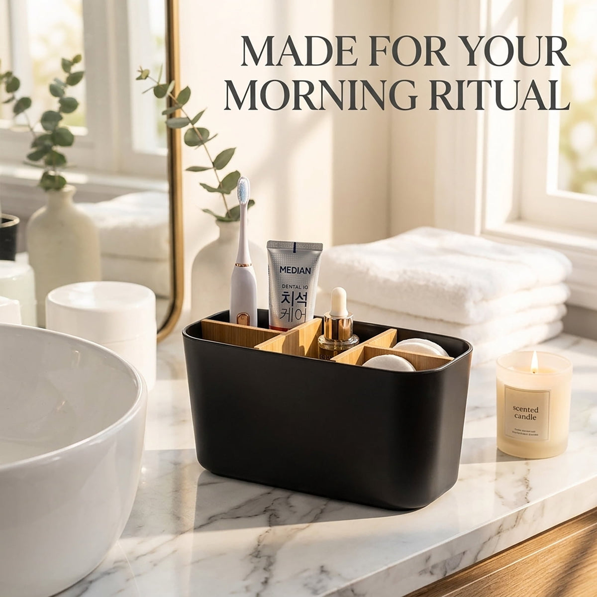 Five-Slot Toothbrush Holder with Removable Bamboo Dividers, Black Bathroom Countertop Organizer - Image 3