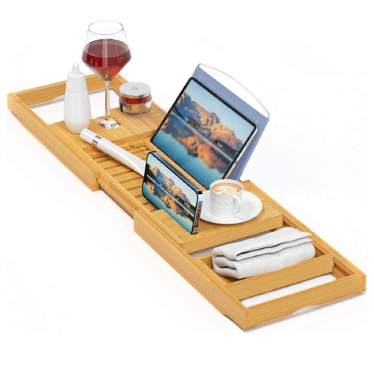 Expandable Bamboo Bathtub Caddy Tray with Book Stand and Glass Holder
