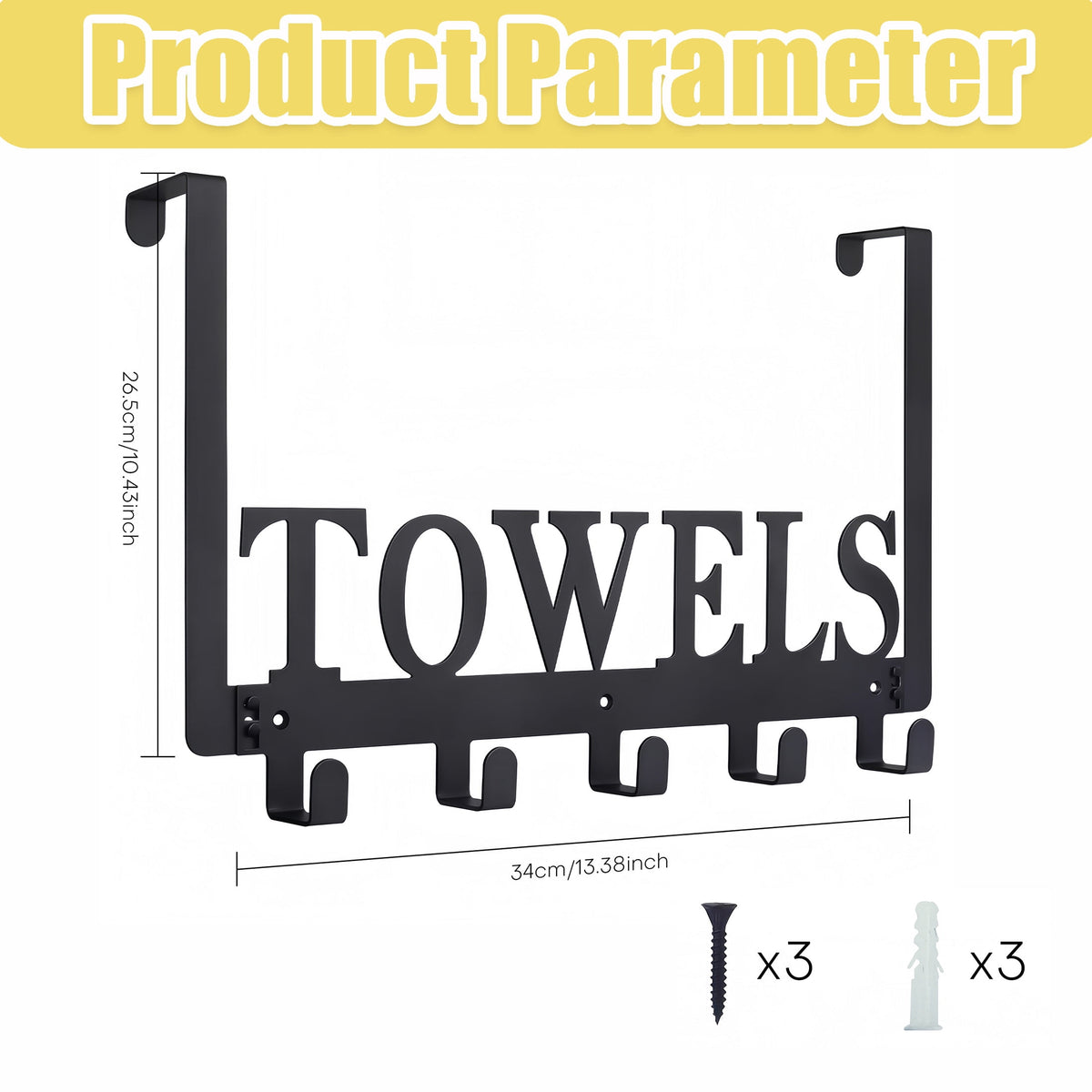 Over-the-Door Towel Rack with Five Curved Hooks, Matte Black Metal, No-Drill Hanging - Image 2