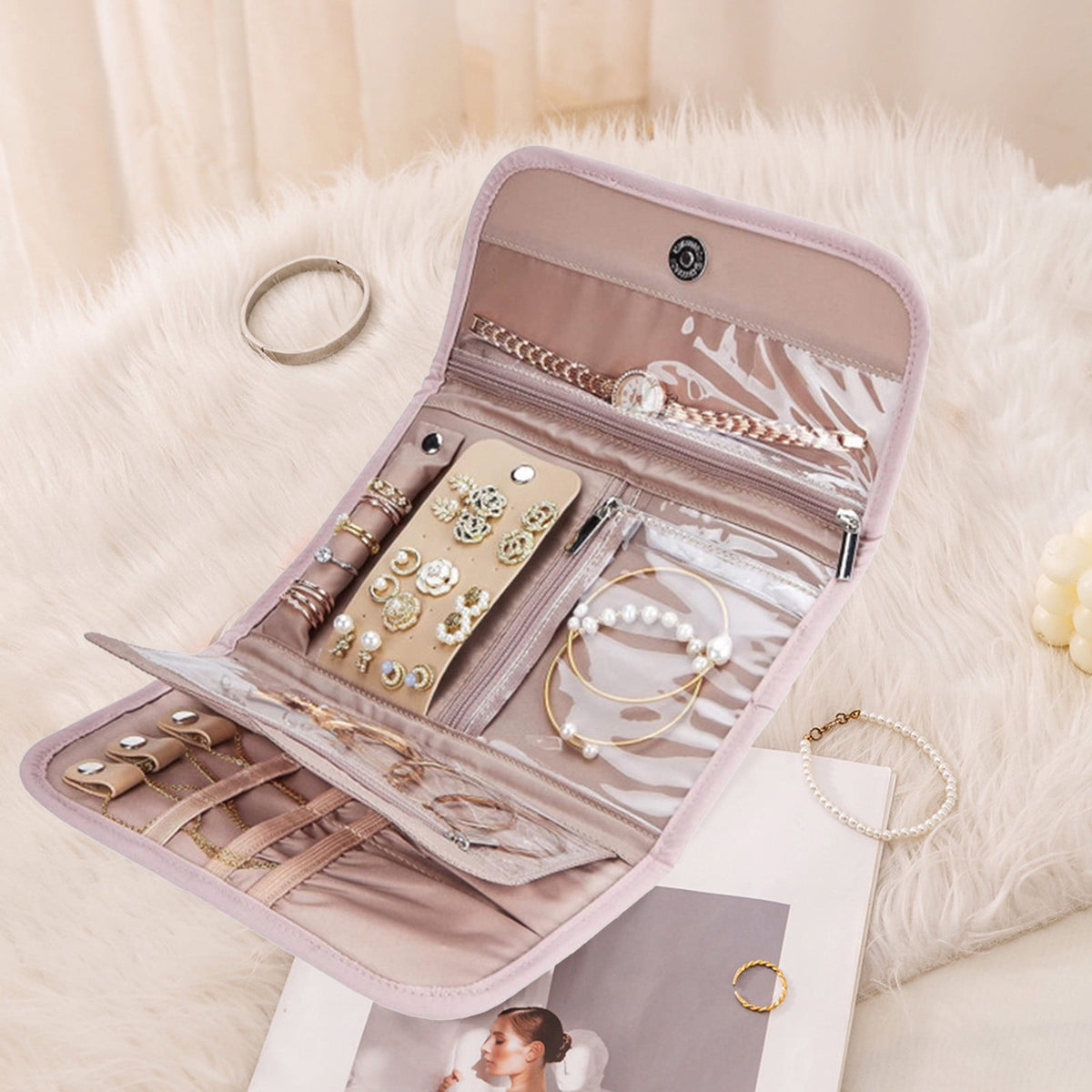 Folding Travel Jewellery Roll, Pink Polyester Organizer with Compartments for Rings, Earrings and Necklaces - Image 2