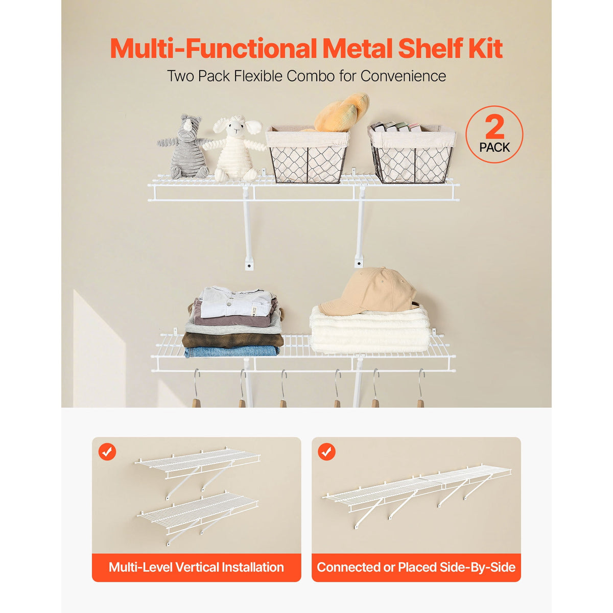 Wall-Mounted Wire Shelf Kit, 3 ft PVC-Coated Carbon Steel Closet Shelving, 12 Inch Deep, Set of 2 - Image 2