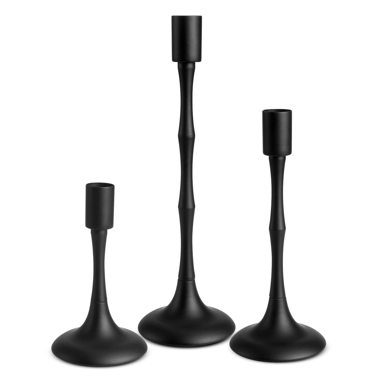 Black Metal Taper Candle Holders with Bamboo-Style Stems, Non-Slip Base, Set of 3 Heights